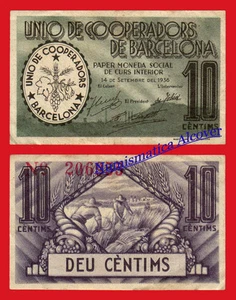 COOPERATIVA UNIO DE COOPERADORS BARCELONA 10 Centimos 1936 MBC+ / VF+ - Foto 1 di 1