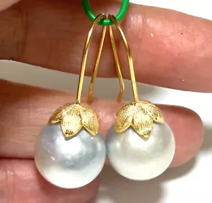 Stunning 13.3mm Indonesian Silver White South Sea Pearl Dangle Hook Earrings - Picture 1 of 8