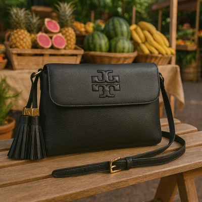 NEW Tory Burch Thea Black Pebbled Leather Messenger/Crossbody/Shoulder Bag - Image 1 of 4