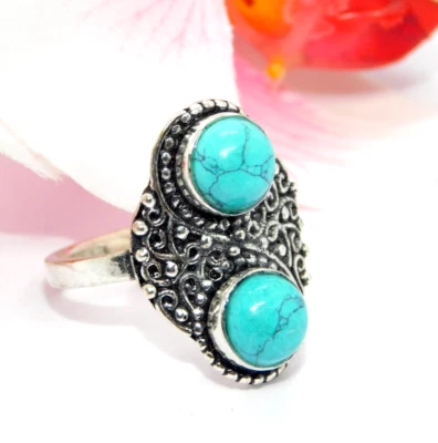 Anillo Turquesa Talla 6 Plata de Ley 925 Chapado Piedras Preciosas Joyería JN18012 Foto 1 de 4