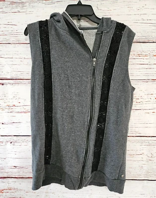 Fabletics Women Gray Hooded Sleeveless Vest Crochet Lace Asymmetric Full Zip - Image 1 of 4