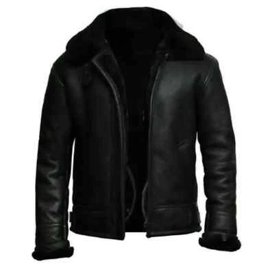 RAF MENS B3 AIR FORCE SHEEP LEATHER JACKET PILOT FLYING AVIATOR FUR BOMBER BLACK - Image 1 of 4