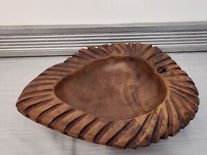 16" Teak Root Carved Wood Bowl Ribbed Ridge Heart Shaped Mid Century Modern 