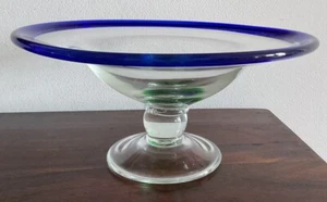 Contemporary Art Glass Green And Blue Footed Bowl - Picture 1 of 8