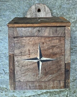 Vintage Wooden Salt Box Wall Hanging Rustic Primitive Decor 1900s - Image 1 of 4
