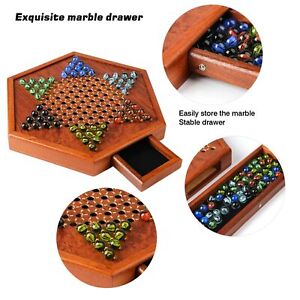 Wooden Chinese Checkers 12" Classic Board Game Set w/ Drawers & Glass Marbles