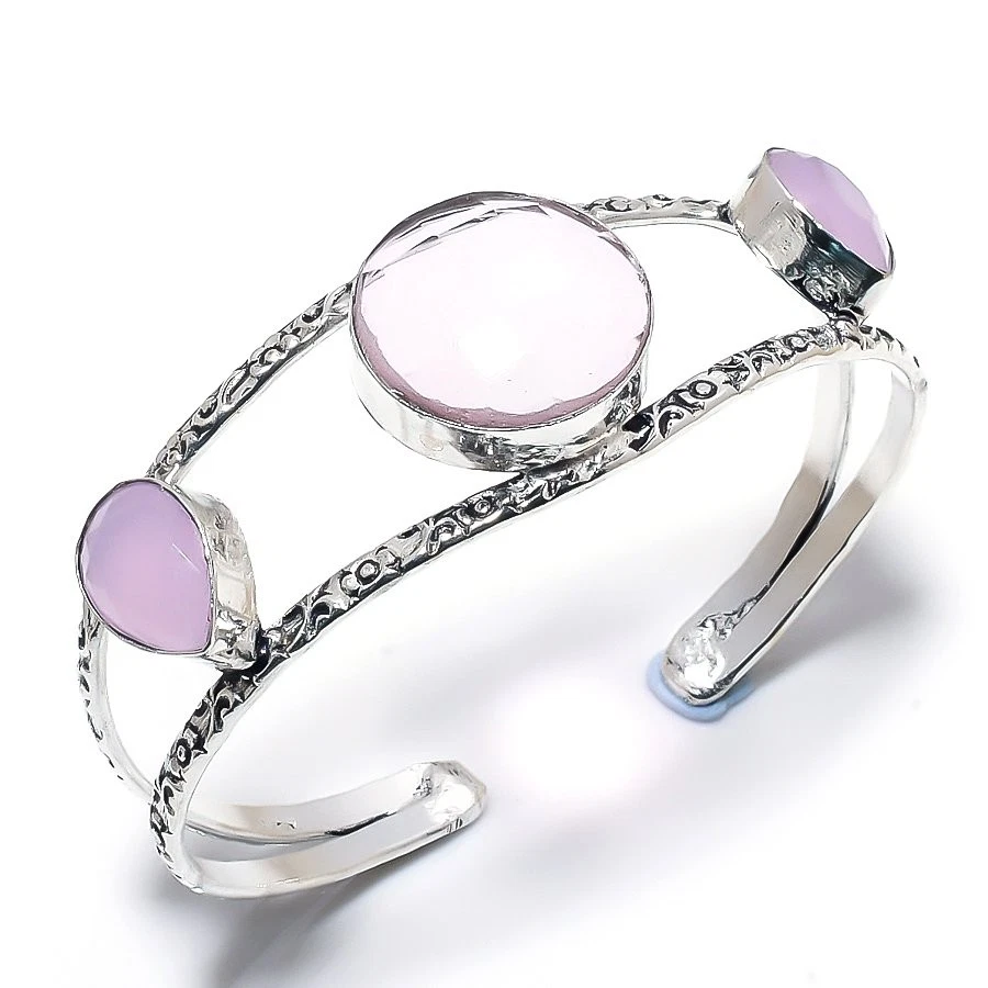 Rosa Kunzite, Calcedonio Gemma 925 Argento Sterling Polsino Bracciale Regolabile - Immagine 1 di 4