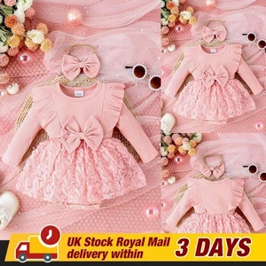 2PCS Newborn Baby Girls Ribbed Lace Tutu Romper Dress Ruffle Long Sleeve Clothes - Picture 1 of 14