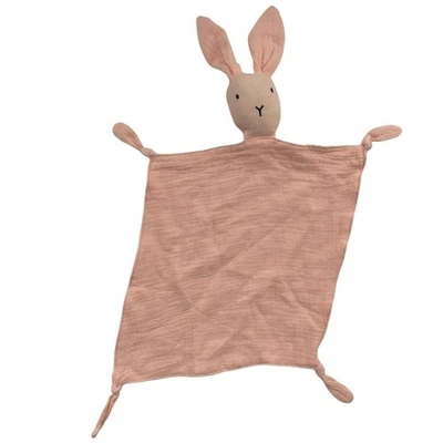 Manta de seguridad Bunny Lovey algodón orgánico muselina esquinas anudadas rosa melocotón Foto 1 de 4