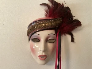 Clay Art 7 3/4” Mask Lady With Hat Feathers Beautiful. - Picture 1 of 10