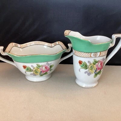 Noritake M Cream Sugar Bowl Set Gold Trim Floral Green Japan - Image 1 of 3