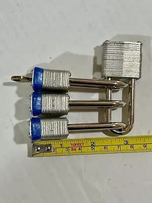 Set of 4: MASTER LOCK Padlock: Keyed Alike, Steel, Extended, Blue. One key.   - Image 1 of 4