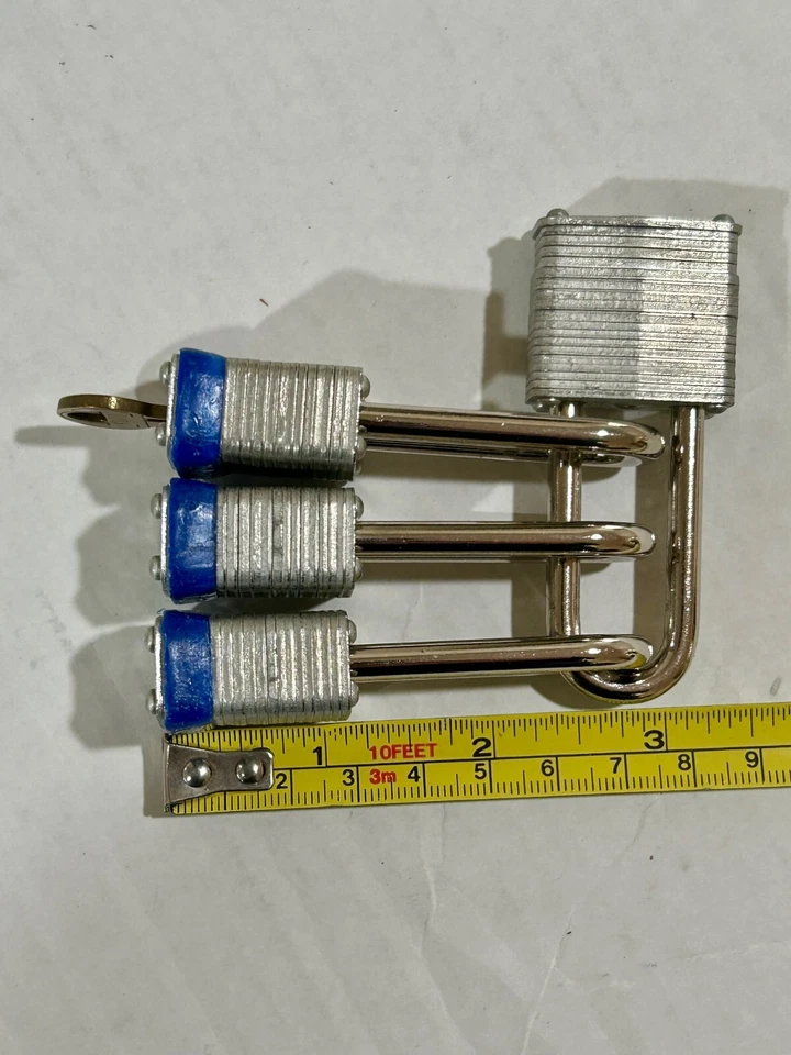 Set of 4: MASTER LOCK Padlock: Keyed Alike, Steel, Extended, Blue. One key.   - Image 1 of 4