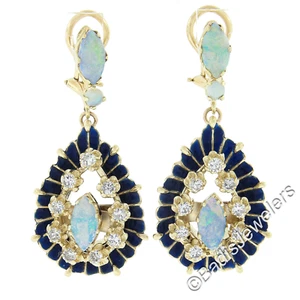 Vintage Mid Century 14k Gold Opal Diamond Blue Enamel Work Drop Dangle Earrings - Picture 1 of 5