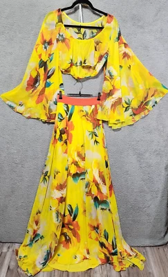 Va Va Voom Yellow Floral Blouse Skirt Summer Maxi Dress Size S Sheery Cocktail - Image 1 of 4