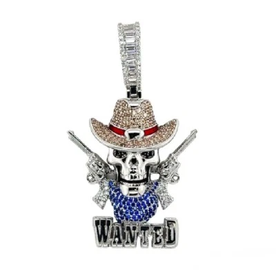 Argento Sterling Selvatico West Teschio Pistole Wanted Hip Hop Ciondolo Con Cz - Immagine 1 di 2
