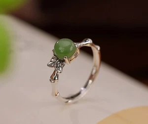 I02 Ring Green Jade Top Bamboo Look Garden Silver 925 Adjustable Size - Imagen 1 de 4