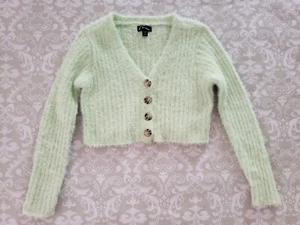 Art Class Small 6 Girl Cropped Fuzzy Lime Green Cardigan V-Neck Ribbed Sweater - Picture 1 of 4