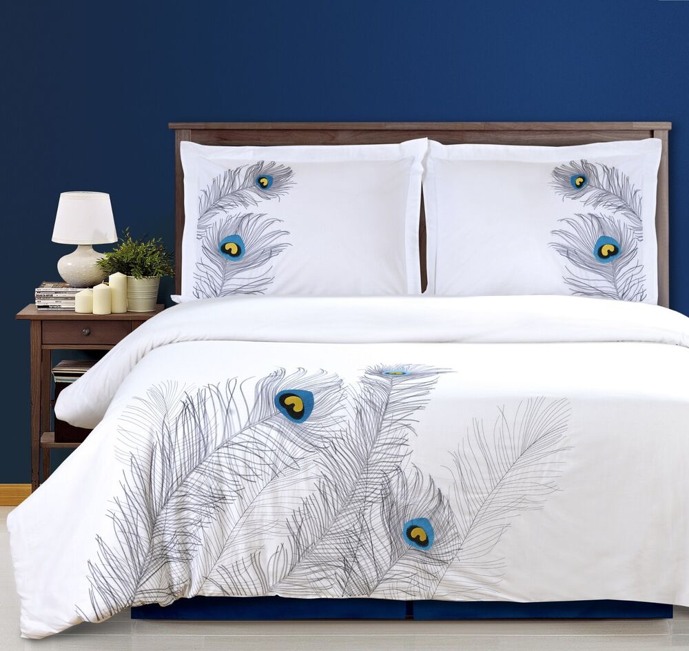 3 Piece Peacock Embroidered Wrinkle Resistant Duvet Cover & Pillow Sham Bed Set