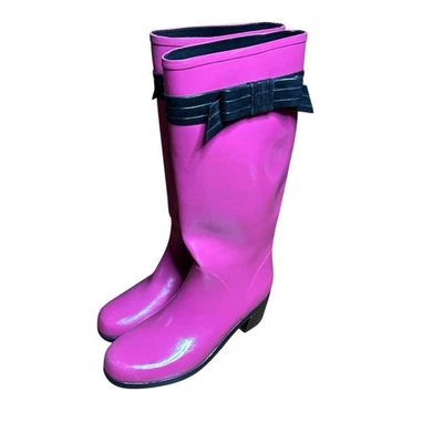 Kate Spade New York Talla 10 Botas de Lluvia de Goma Púrpura Rosado Negro Lazo Mancha Foto 1 de 4