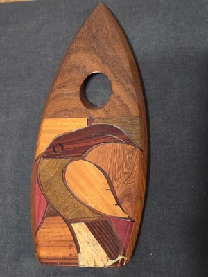 Teak Wood Gravity Defying Wine Bottle Holder Bird Inlay - Image 1 of 4