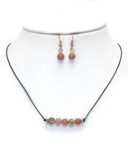 Rose Stone Black Cord Yellow Plated Gold Necklace And Earring Set - Picture 1 of 1