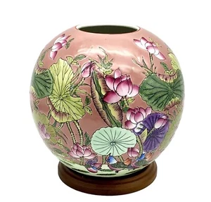 Chinese Porcelain Ball Vase Mauve Pink With Polychrome Florals And Birds Vintage - Picture 1 of 14