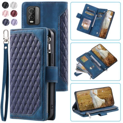 Luxury Rhombic Leather Wallet Case Zipper Flip Card Phone Case For Nokia C210 - Image 1 of 4
