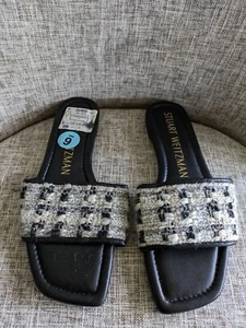 Stuart Weitzman Cotton Tweed Leather Sandals Mules Slide Black White Womens 6B - Picture 1 of 3