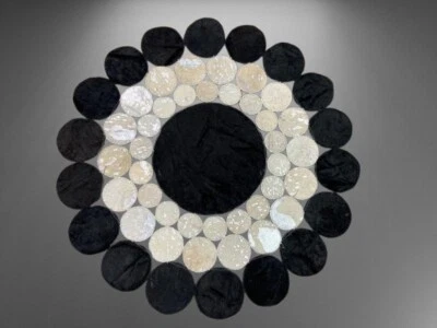 Cowhide Round Leather Rug Patchwork Black & Silver Genuine Cowhide Round Carpet - Image 1 of 4