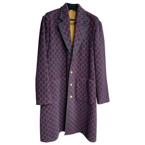 Gucci Cappotto di Lana Blu con GG Rosso