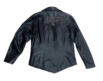 Harley Davidson Motor Cycle Women M Black Leather Teal Liner Jacket Coat Fringe - Image 1 of 4