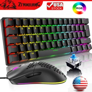 Mini 60% Gaming Keyboard Mouse Set Wired Gamers Mechanical RGB Backlit 61 Keys - Picture 1 of 17