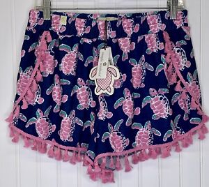Simply Southern Shorts Womens Size Large XL Pull On Tassels Sea Turtle Pink NWT