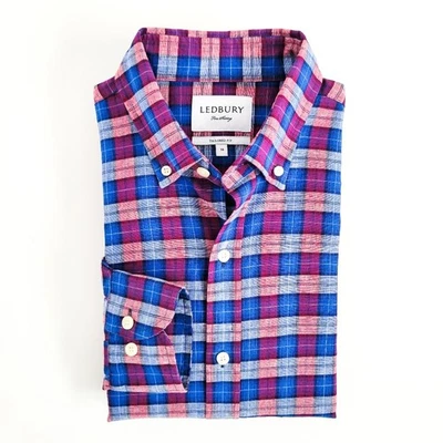 NUEVA Camisa Ledbury Lino Algodón Abotonada Ajuste A Medida Para Hombres 16 Azul Púrpura Foto 1 de 4