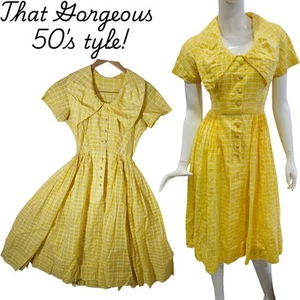 OOAK 50s Handmade Buttercup Yellow Plaid Fit & Flare Sun Dress Size S Rockabilly - Picture 1 of 21