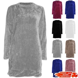 Womens Ladies Fluffy Faux Fur Oversized Baggy Long Sleeve Fleece Jumper Dresses - Picture 1 of 22