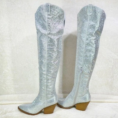 Botas vaqueras Country Glam iridiscentes plateadas estrás OTK hasta el muslo Foto 1 de 4