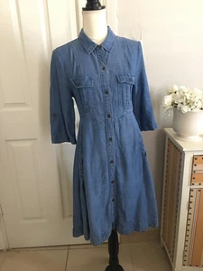 Chelsea & Theodore Chambray Pocket Midi Shirtdress Size M Roll Tab Sleeve Tencel - Picture 1 of 18