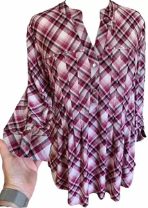 COCOMO Small Pink White Plaid 3/4 sleeve women's Pintuck Blouse Tunic Shirt - Picture 1 of 13