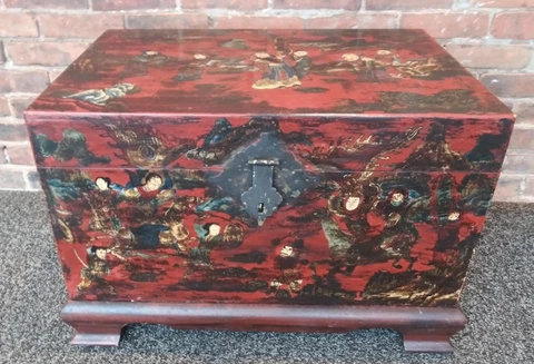 Antique Asian Lacquer Finish Wood Trunk Chest Please Read Description Cover
