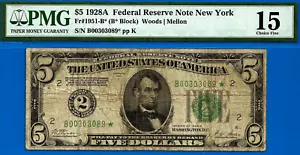 1928A $5 Federal Reserve Note PMG 15 PMG rare 13 known New York star Fr 1951-B* - Picture 1 of 4