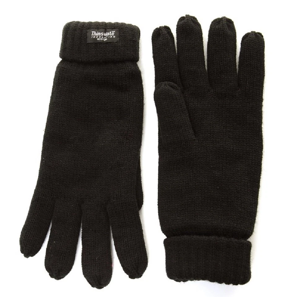 Mens Thinsulate Thermal Fleece Lined Knitted Black Winter Gloves One Size - Image 1 of 1