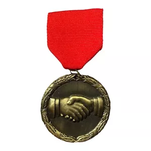 Medal Shows 2 Hands Shaking with Attached Red Ribbon - Picture 1 of 5