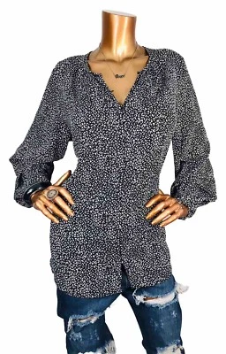 Nine West XL Top NWT $40 Animal Black White Low Cut Button Up Blouse Soft LongSl - Image 1 of 4