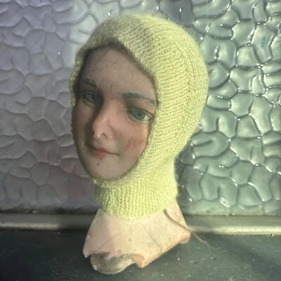 Máscara de inverno vintage 1930s 1940s Chartreuse chapéu verde peça de cabeça malha mohair - Imagem 1 de 4