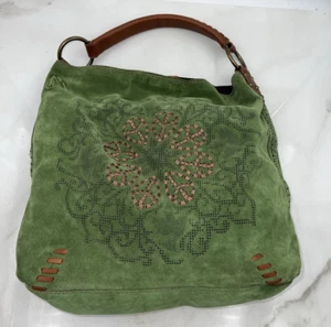Lucky Brand Slouch Bag Olive Green Suede Leather Peace Sign Hobo Whipstitch - Picture 1 of 18