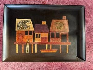 Vintage Couroc of Monterey Black inlaid Fish  Wharf Bait Tackle Docks 15" tray - Picture 1 of 4