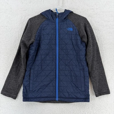 Куртка молодежная The North Face большая синяя серая стеганая с капюшоном на молнии гибридная - Изображение 1 из 4