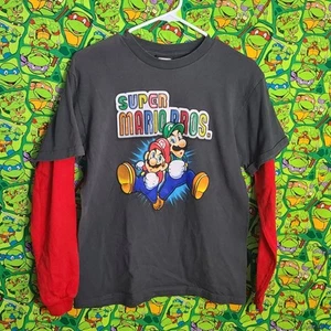 SUPER MARIO BROS. - NINTENDO YOUTH T-SHIRT - L - GRAY & RED - Long Sleeve - Picture 1 of 5